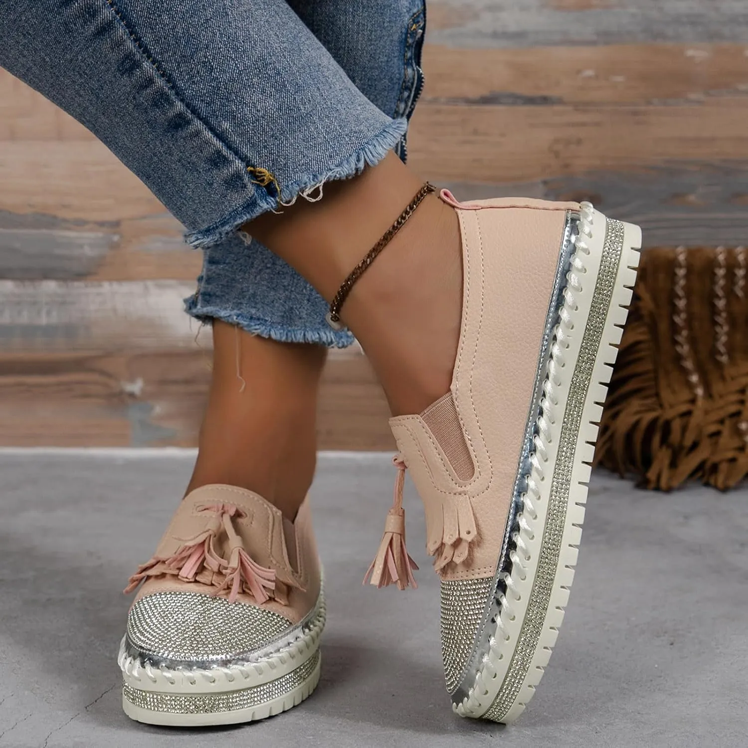 Women's Fashion Leather Loafers Sparkly Rhinestone Tassel Decoration Thick Sole Shoes Orthopedic Slip-On Loafers