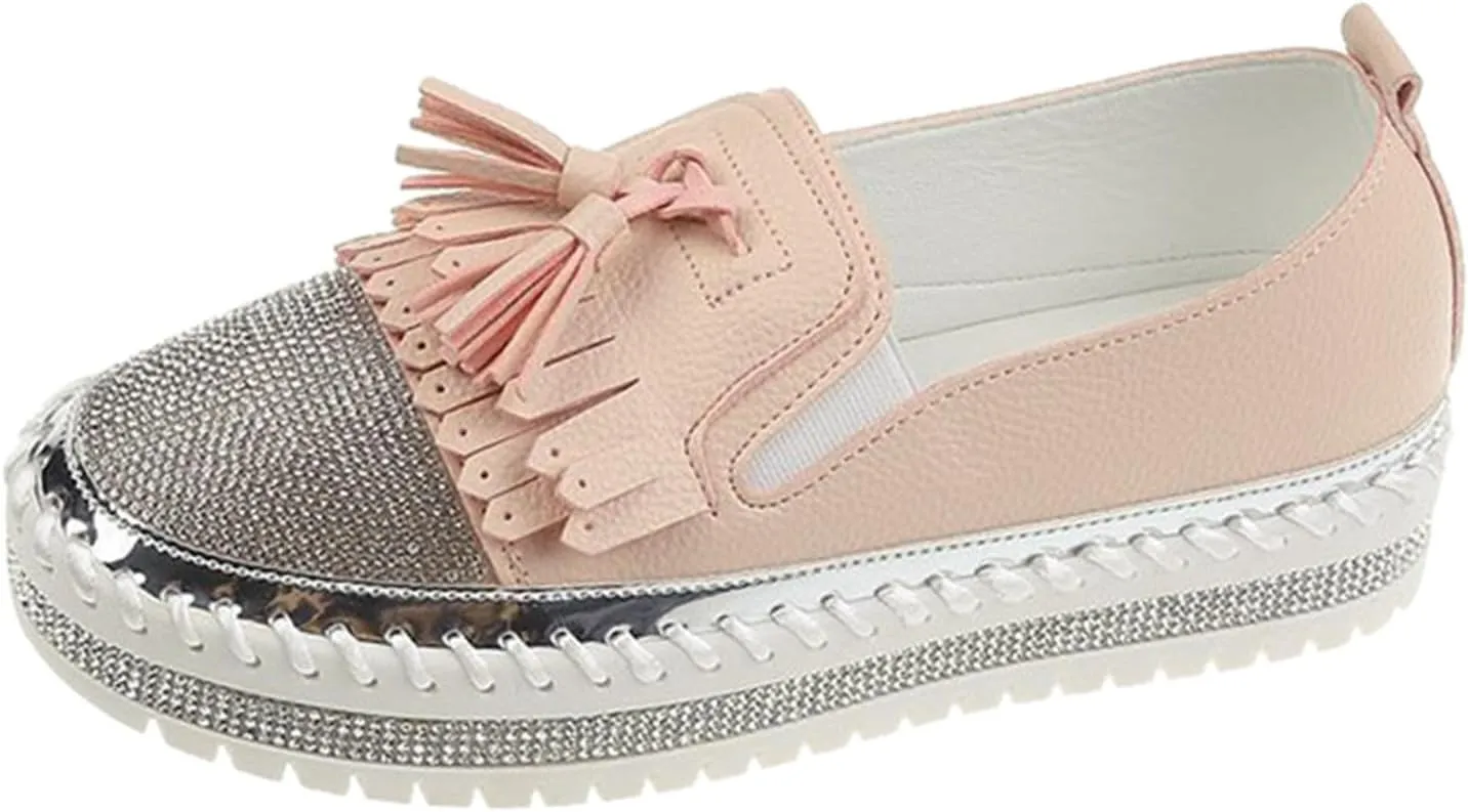 Women's Fashion Leather Loafers Sparkly Rhinestone Tassel Decoration Thick Sole Shoes Orthopedic Slip-On Loafers