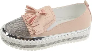 Women's Fashion Leather Loafers Sparkly Rhinestone Tassel Decoration Thick Sole Shoes Orthopedic Slip-On Loafers