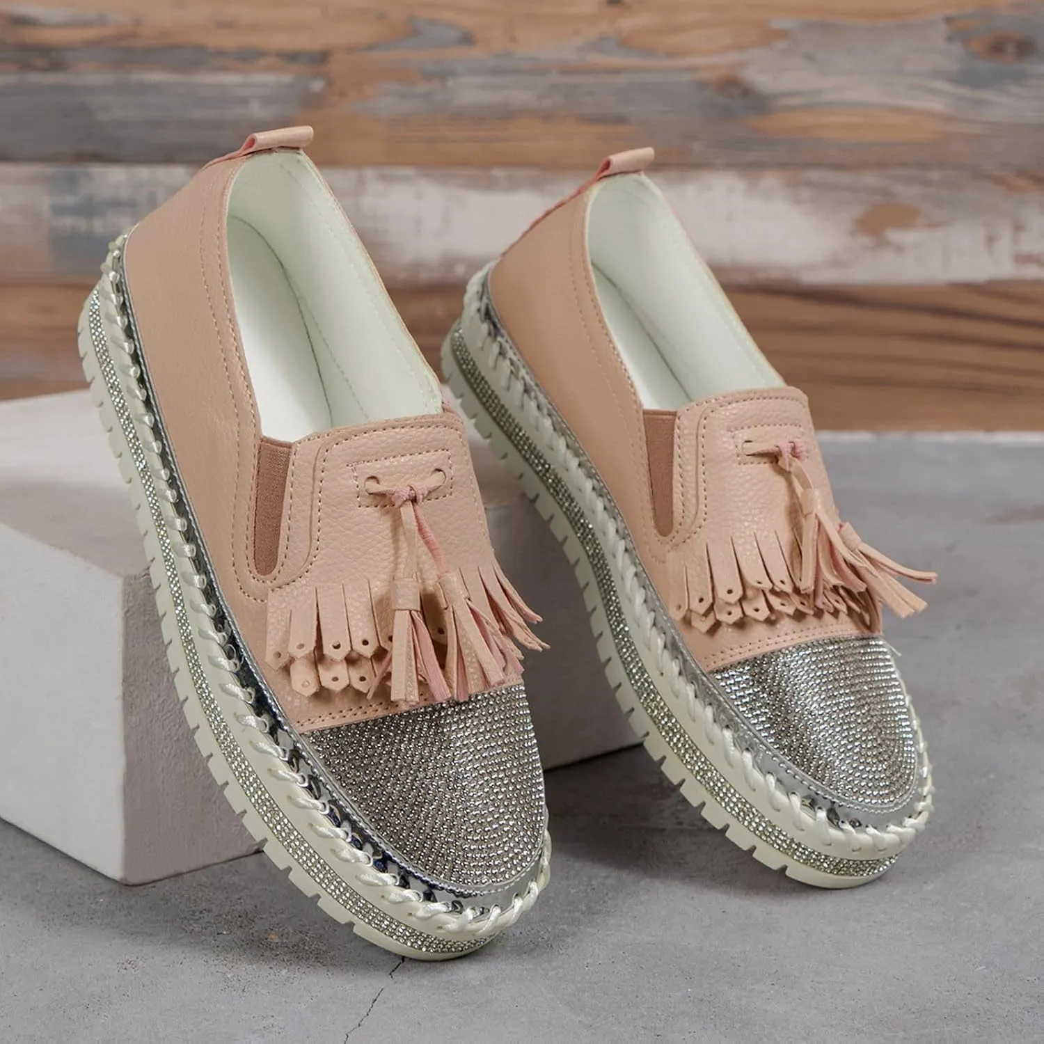 Women's Fashion Leather Loafers Sparkly Rhinestone Tassel Decoration Thick Sole Shoes Orthopedic Slip-On Loafers