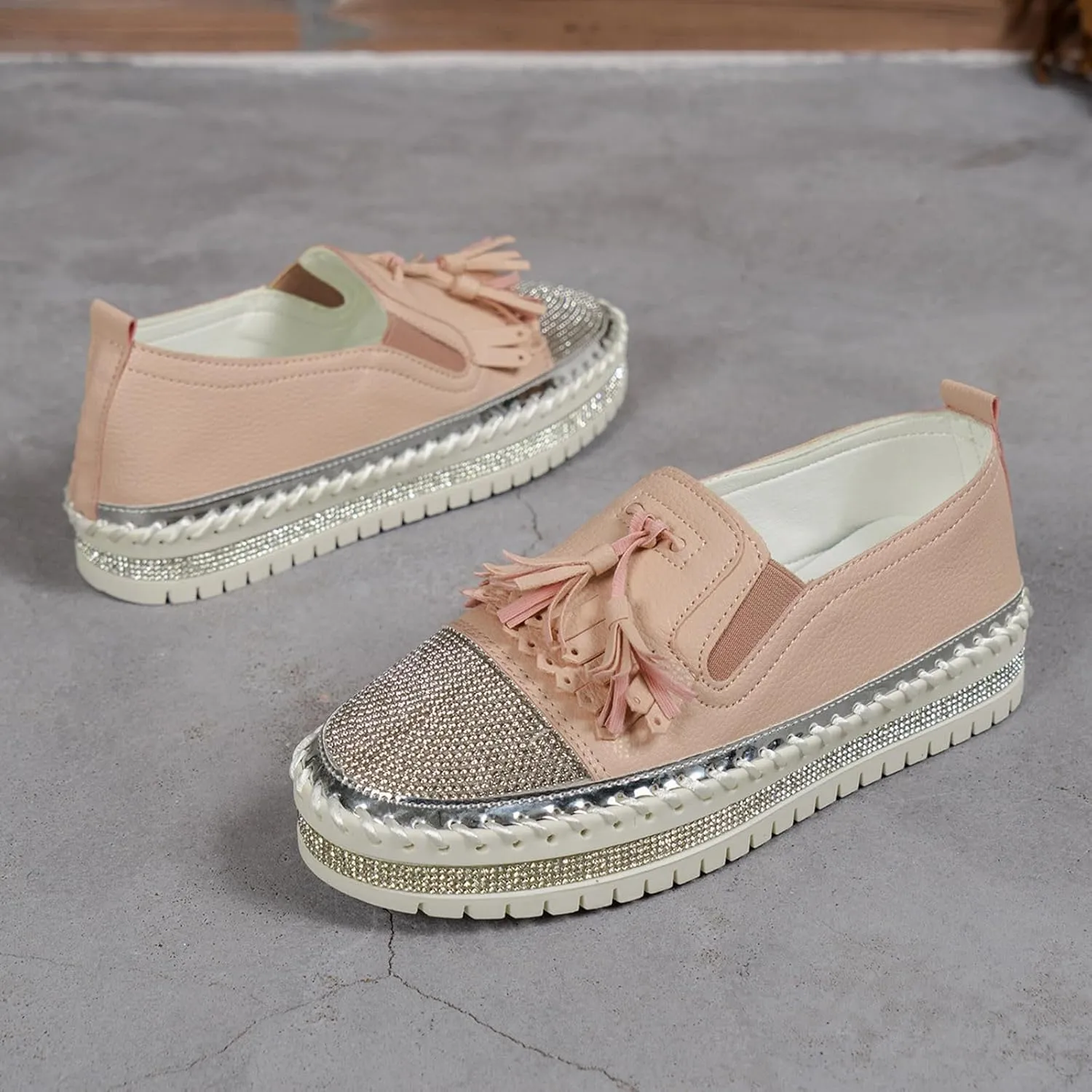 Women's Fashion Leather Loafers Sparkly Rhinestone Tassel Decoration Thick Sole Shoes Orthopedic Slip-On Loafers