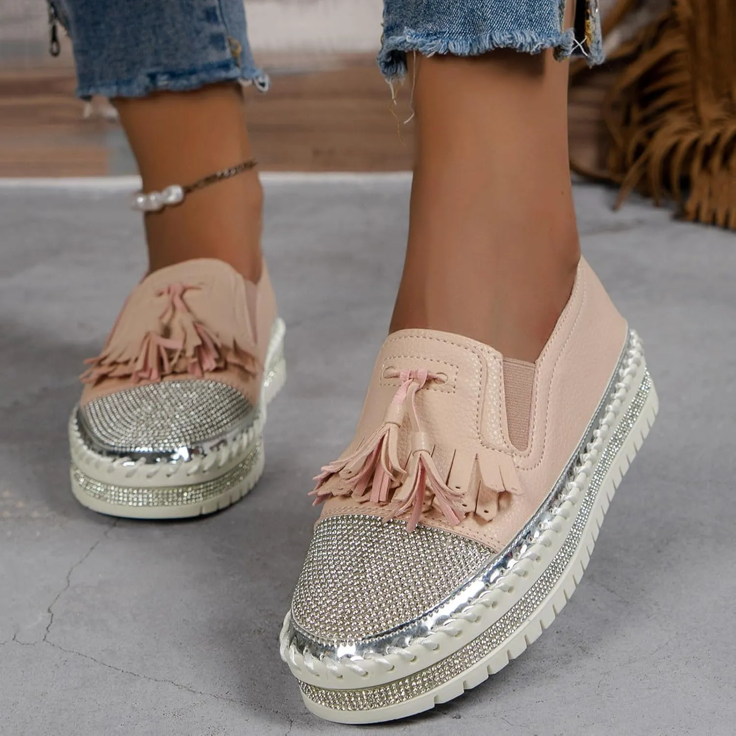 Women's Fashion Leather Loafers Sparkly Rhinestone Tassel Decoration Thick Sole Shoes Orthopedic Slip-On Loafers