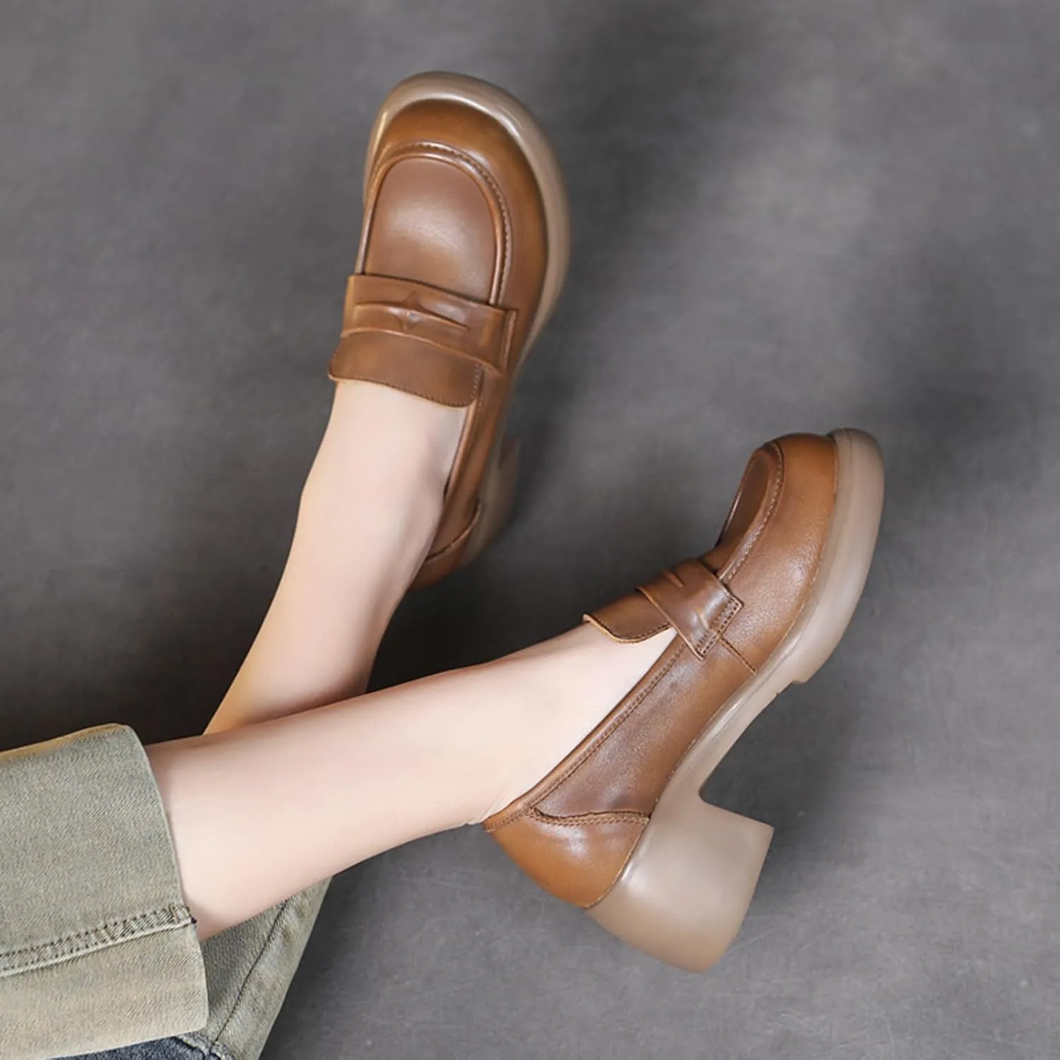 Women's Genuine Leather Chunky High Heels Loafers Vintage Round Toe Wedge Slip On Muffin Soled Penny Small Leather fo Suitable Heel Dress Shoes for Wedding Office Evening