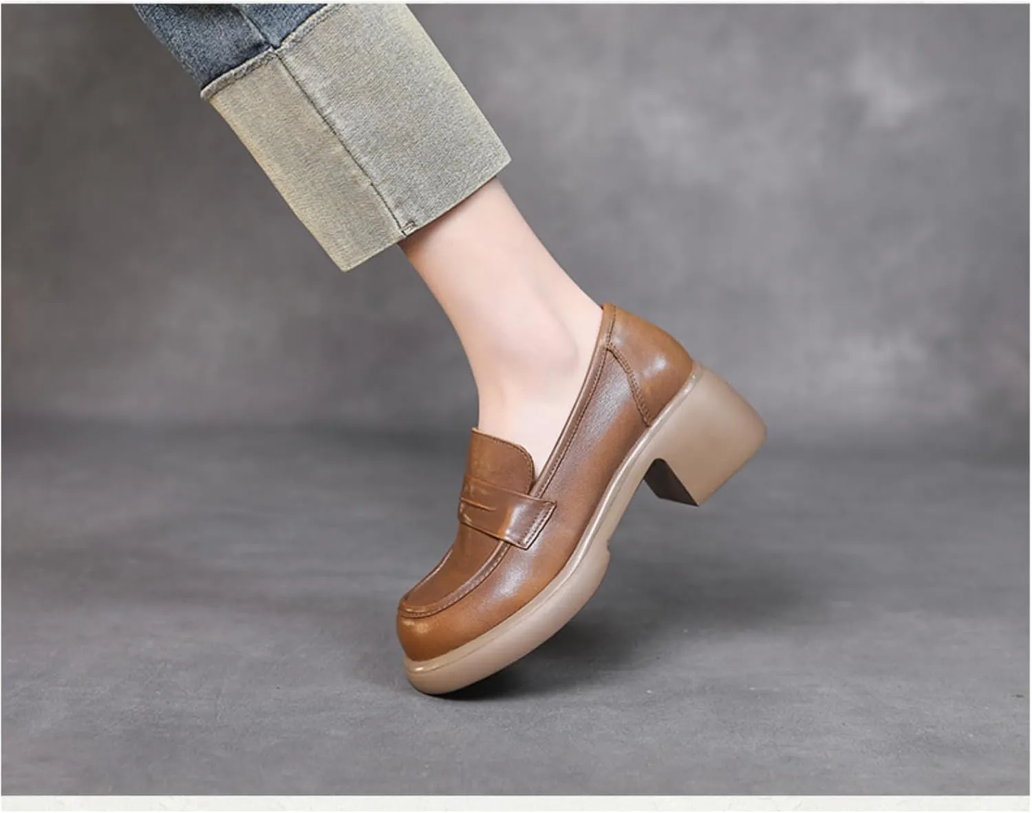 Women's Genuine Leather Chunky High Heels Loafers Vintage Round Toe Wedge Slip On Muffin Soled Penny Small Leather fo Suitable Heel Dress Shoes for Wedding Office Evening