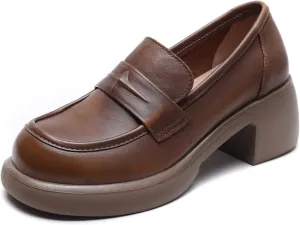 Women's Genuine Leather Chunky High Heels Loafers Vintage Round Toe Wedge Slip On Muffin Soled Penny Small Leather fo Suitable Heel Dress Shoes for Wedding Office Evening