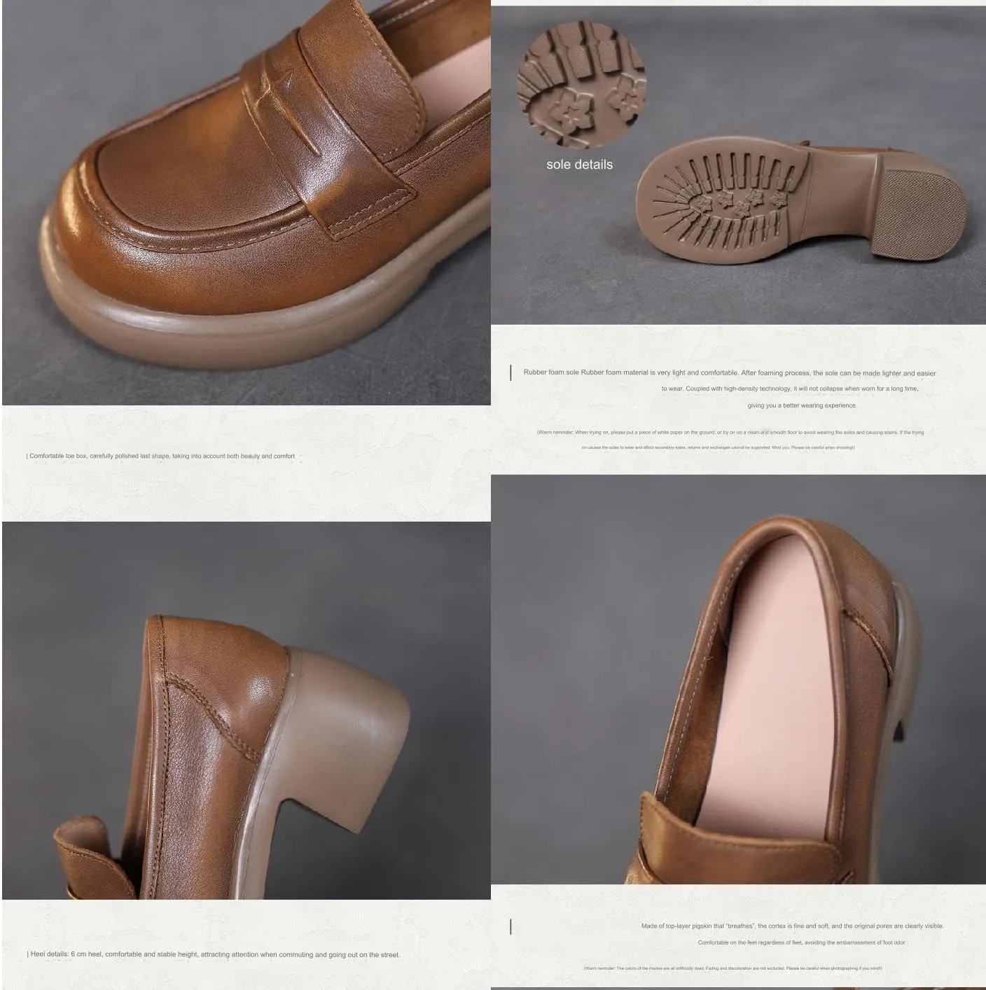 Women's Genuine Leather Chunky High Heels Loafers Vintage Round Toe Wedge Slip On Muffin Soled Penny Small Leather fo Suitable Heel Dress Shoes for Wedding Office Evening