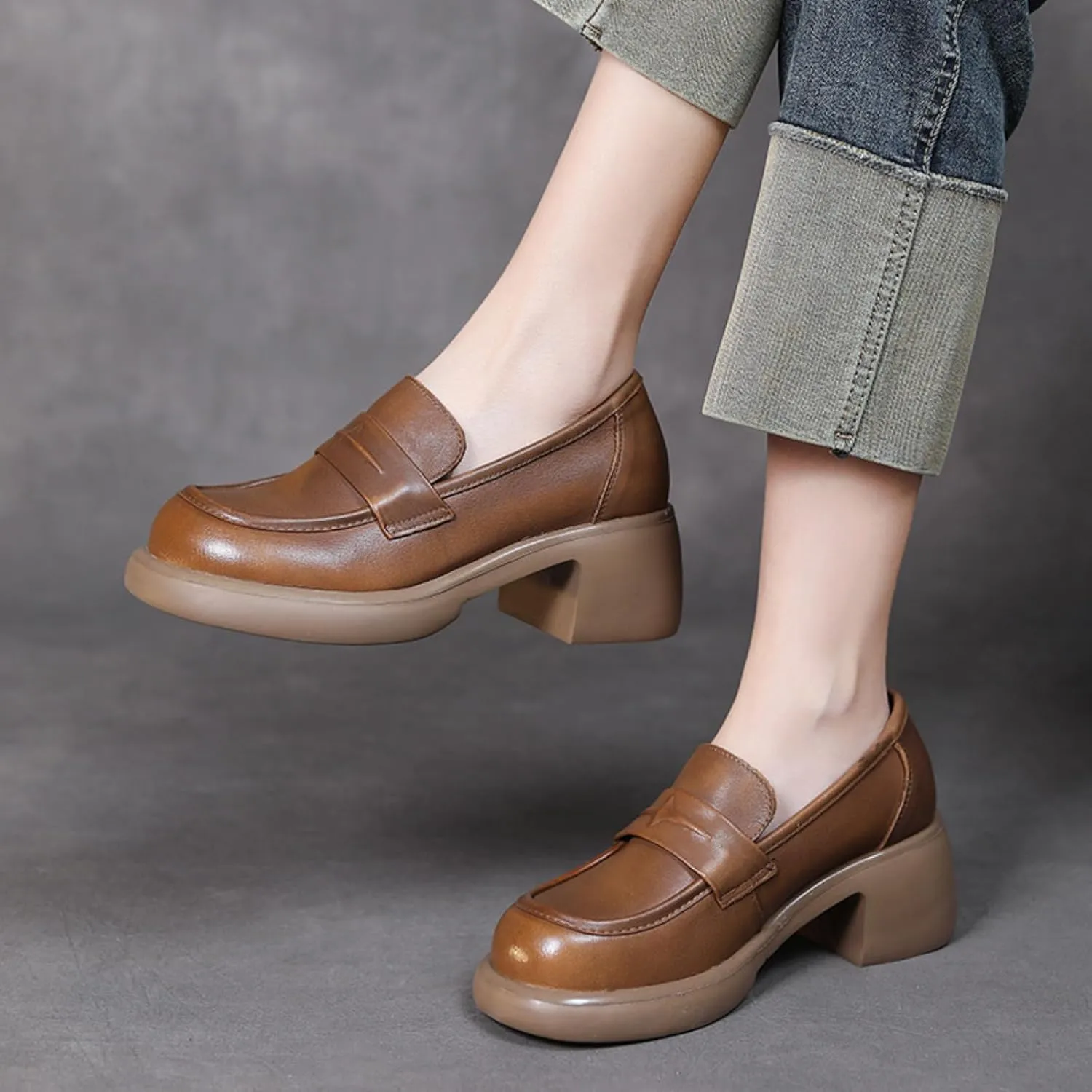 Women's Genuine Leather Chunky High Heels Loafers Vintage Round Toe Wedge Slip On Muffin Soled Penny Small Leather fo Suitable Heel Dress Shoes for Wedding Office Evening