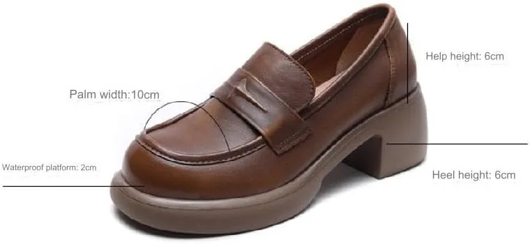 Women's Genuine Leather Chunky High Heels Loafers Vintage Round Toe Wedge Slip On Muffin Soled Penny Small Leather fo Suitable Heel Dress Shoes for Wedding Office Evening
