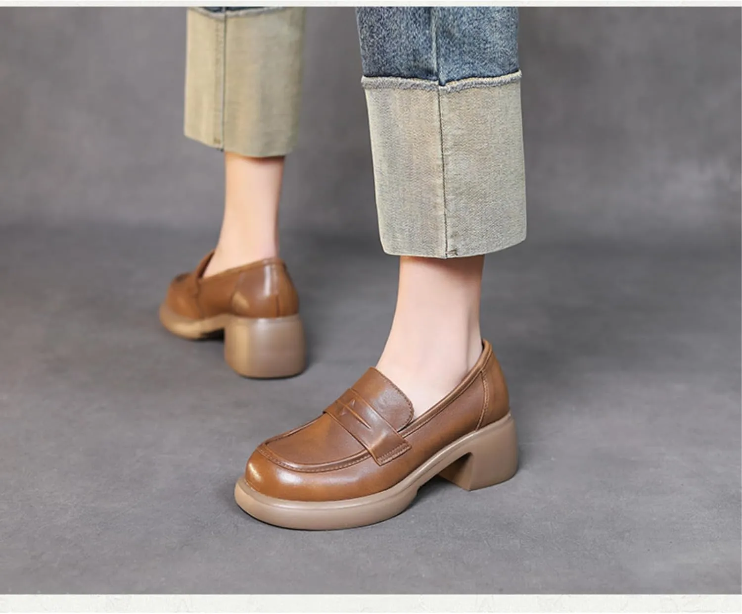 Women's Genuine Leather Chunky High Heels Loafers Vintage Round Toe Wedge Slip On Muffin Soled Penny Small Leather fo Suitable Heel Dress Shoes for Wedding Office Evening