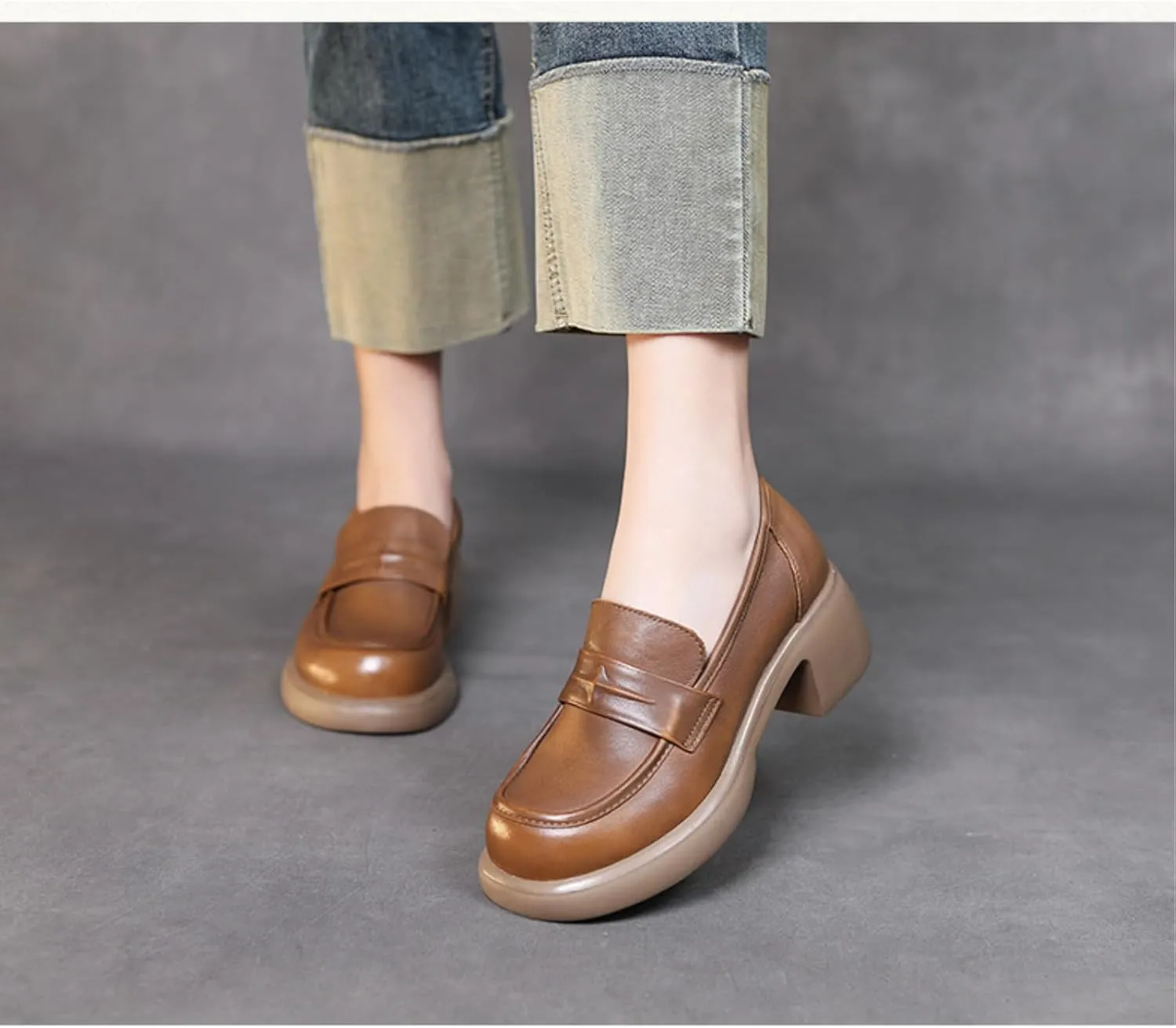 Women's Genuine Leather Chunky High Heels Loafers Vintage Round Toe Wedge Slip On Muffin Soled Penny Small Leather fo Suitable Heel Dress Shoes for Wedding Office Evening