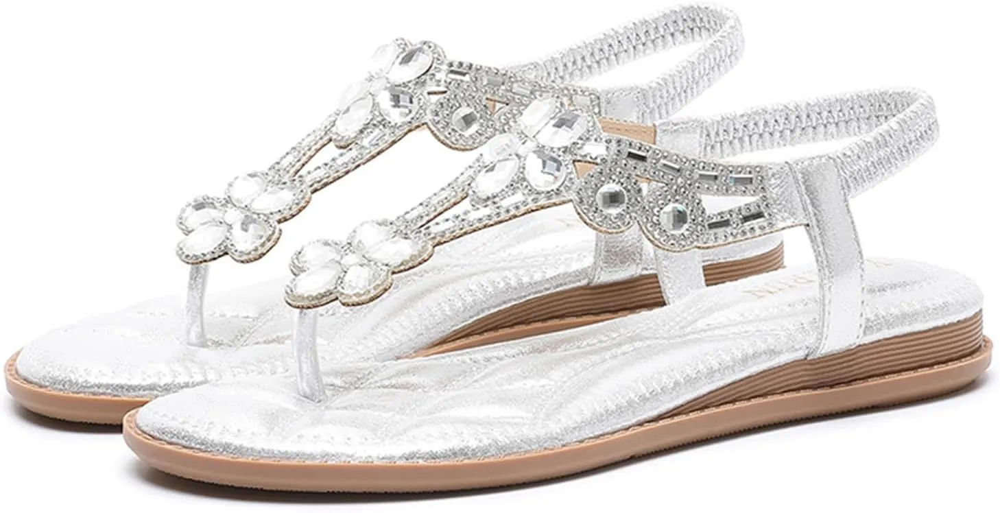 Womens Gladiator Bohemia Flip Flops Summer Beach Flat Sandals Arch Support Slingback Rhinestone Dressy Sandals Comfort Beach Walking Shoes
