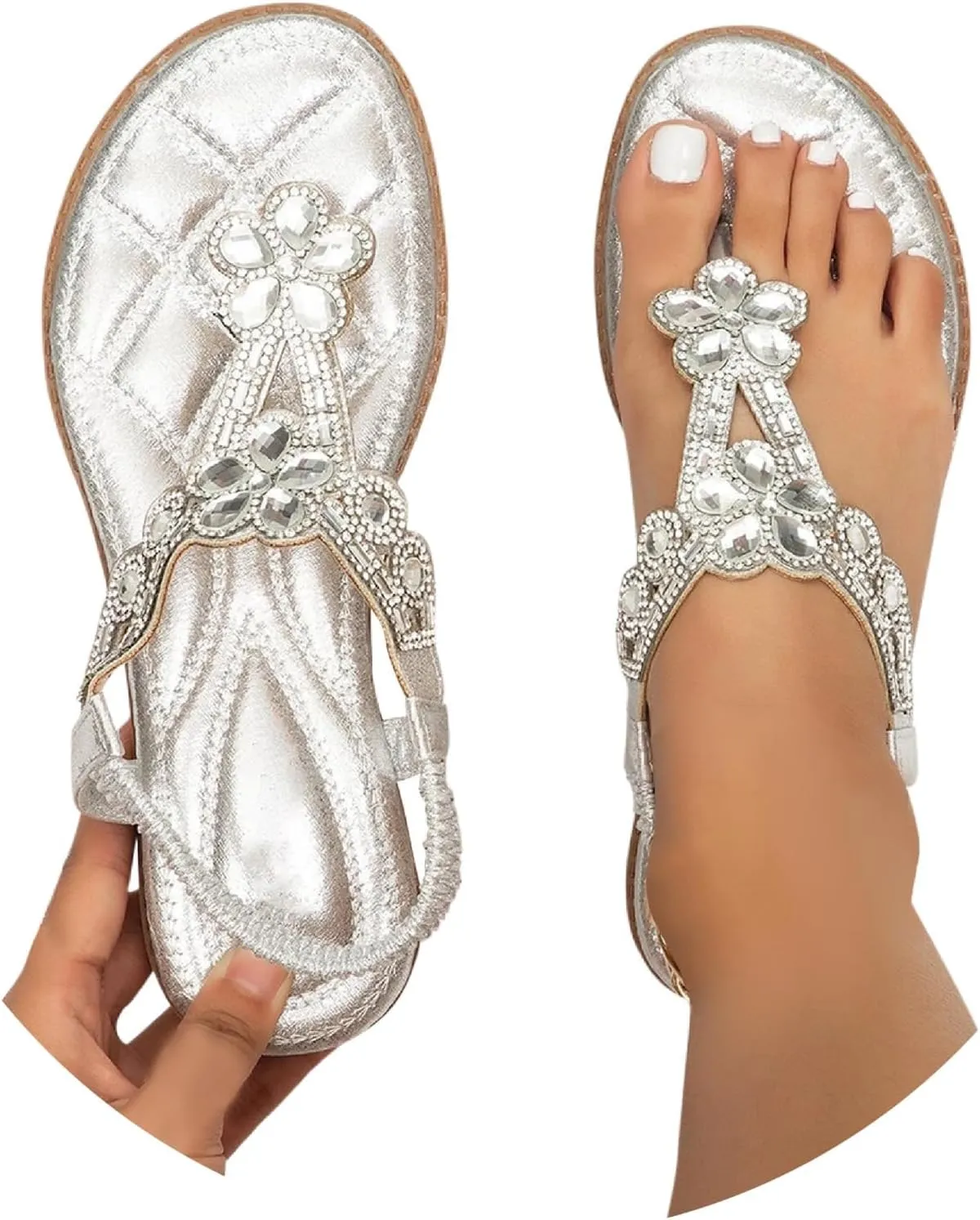 Womens Gladiator Bohemia Flip Flops Summer Beach Flat Sandals Arch Support Slingback Rhinestone Dressy Sandals Comfort Beach Walking Shoes