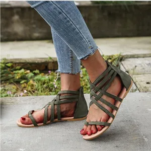 Womens Gladiator Strap Sandals Summer Thong Cross Strappy Flat Sandals Comfort Casual Beach Walking Fisherman Flats Back Zipper