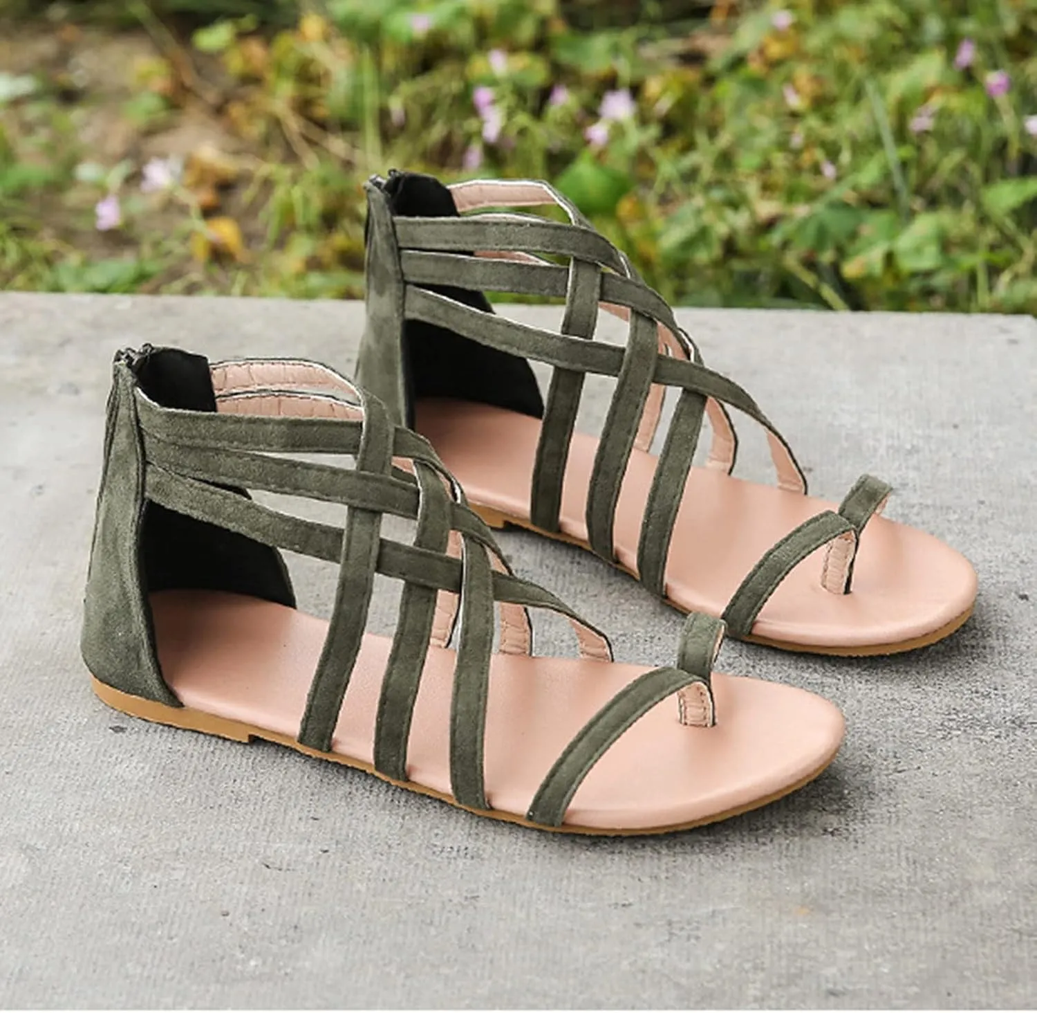 Womens Gladiator Strap Sandals Summer Thong Cross Strappy Flat Sandals Comfort Casual Beach Walking Fisherman Flats Back Zipper