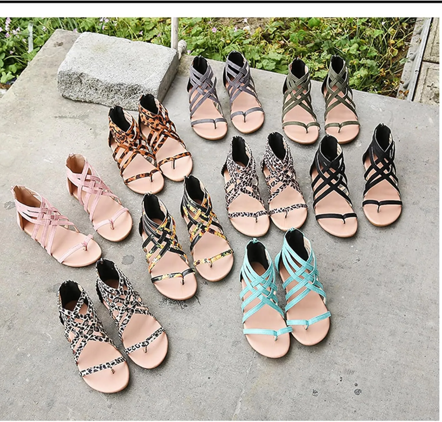 Womens Gladiator Strap Sandals Summer Thong Cross Strappy Flat Sandals Comfort Casual Beach Walking Fisherman Flats Back Zipper