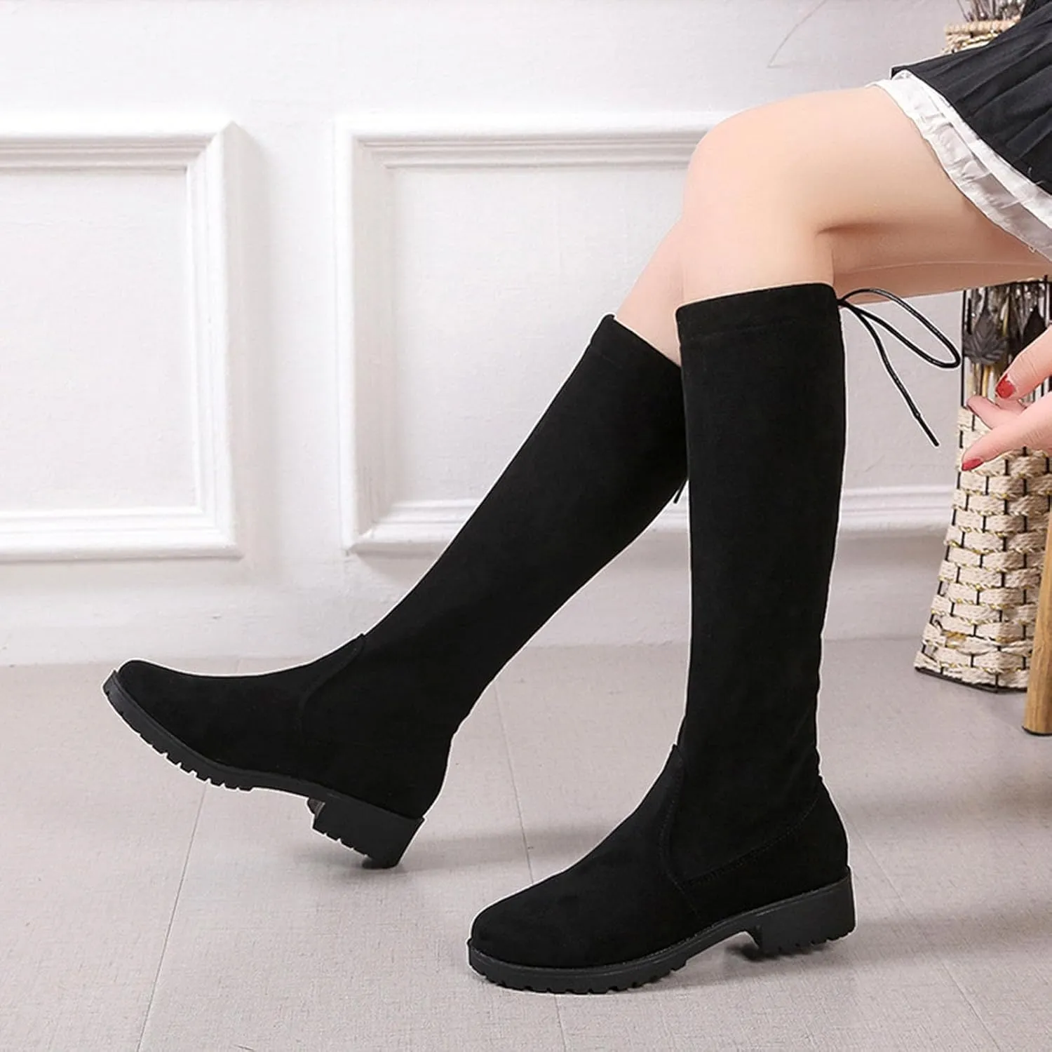 Women's Knee High Boots Flat Low Heel Slouch Pointed Toe Winter Boots Comfortable Pull on Slouch Boots