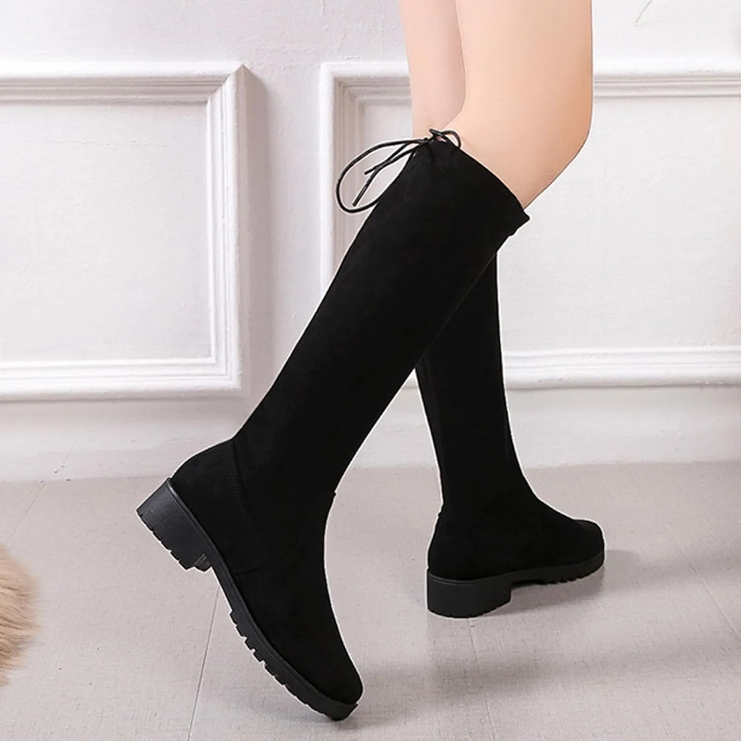 Women's Knee High Boots Flat Low Heel Slouch Pointed Toe Winter Boots Comfortable Pull on Slouch Boots