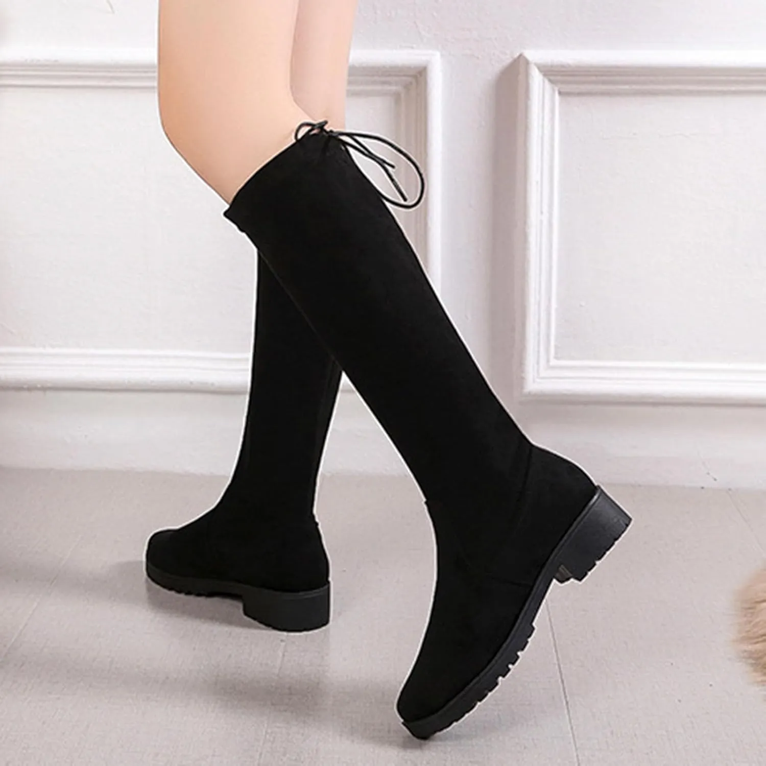 Women's Knee High Boots Flat Low Heel Slouch Pointed Toe Winter Boots Comfortable Pull on Slouch Boots