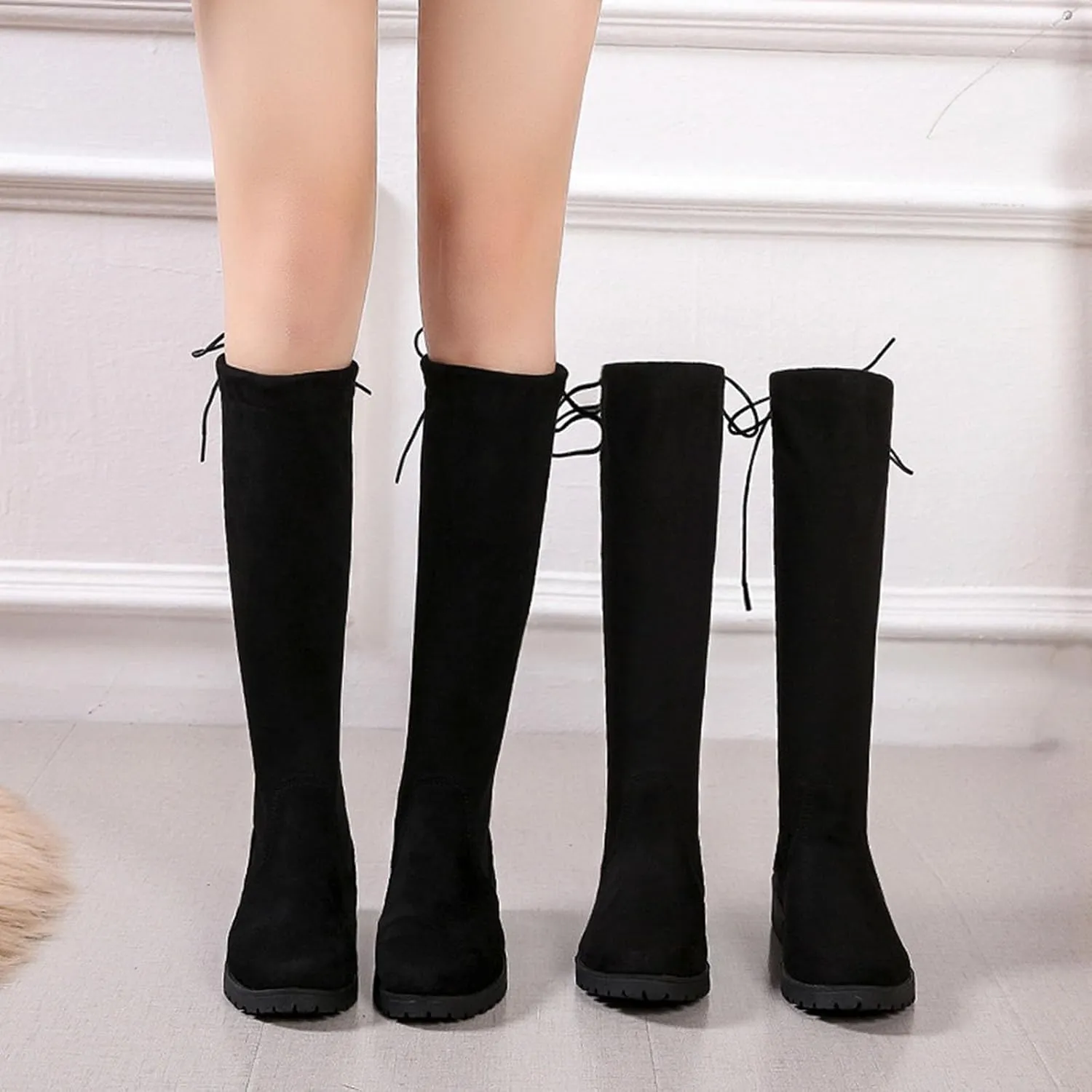 Women's Knee High Boots Flat Low Heel Slouch Pointed Toe Winter Boots Comfortable Pull on Slouch Boots