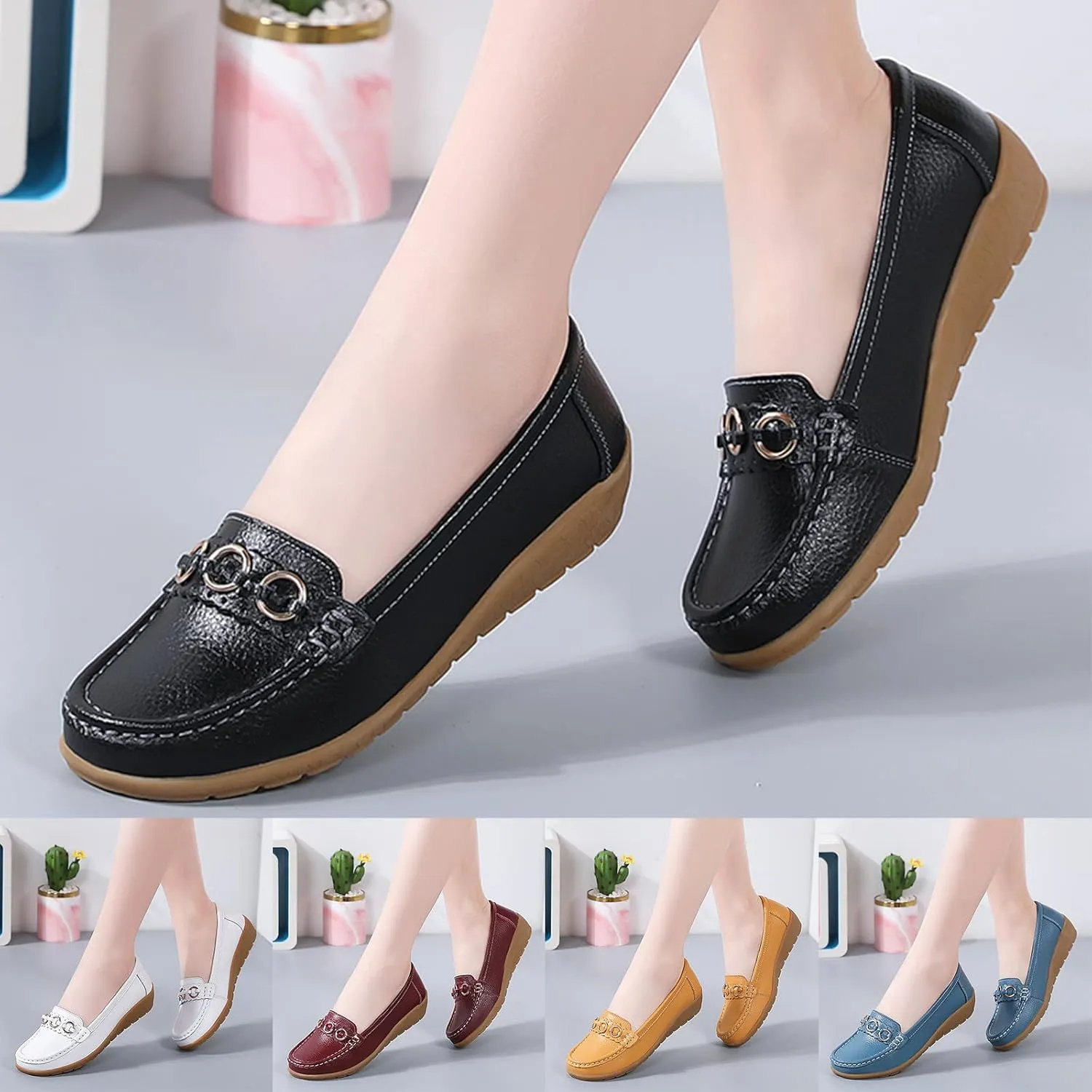 Womens Loafers Comfortable Dressy Leather Penny Loafers Slip On Walking Shoes Soft Driving Loafers Orthopedic Shoes