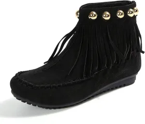 Womens Moccasins Fringe Ankle Boots Retro Suede Leather Tassel Studded Moccasins Shoes Non Slip Flat Heel Fall Winter Casual Fashion Booties with Zipper