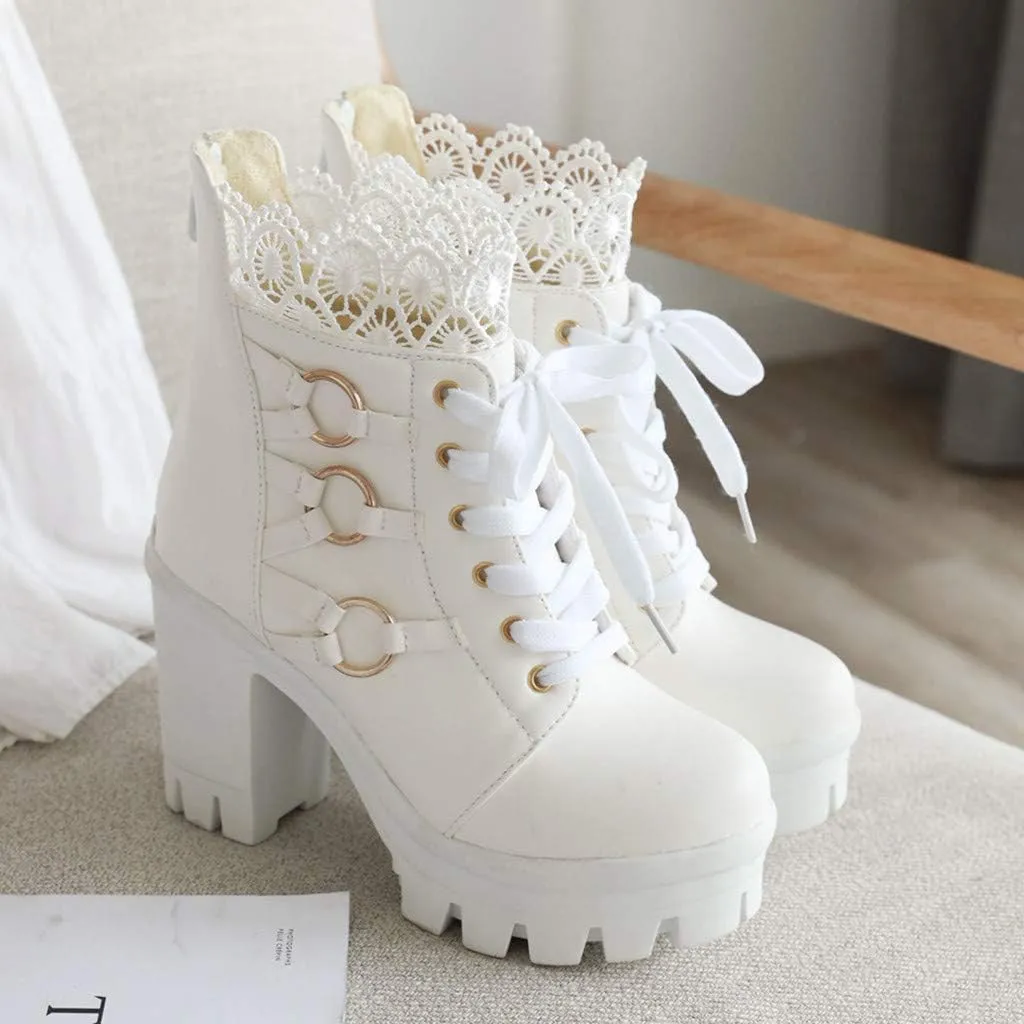 Women's Platform Combat Boots Fashion Lace Leather Chunky Pump Ankle Booties Goth Lace Up High Heels Short Boots