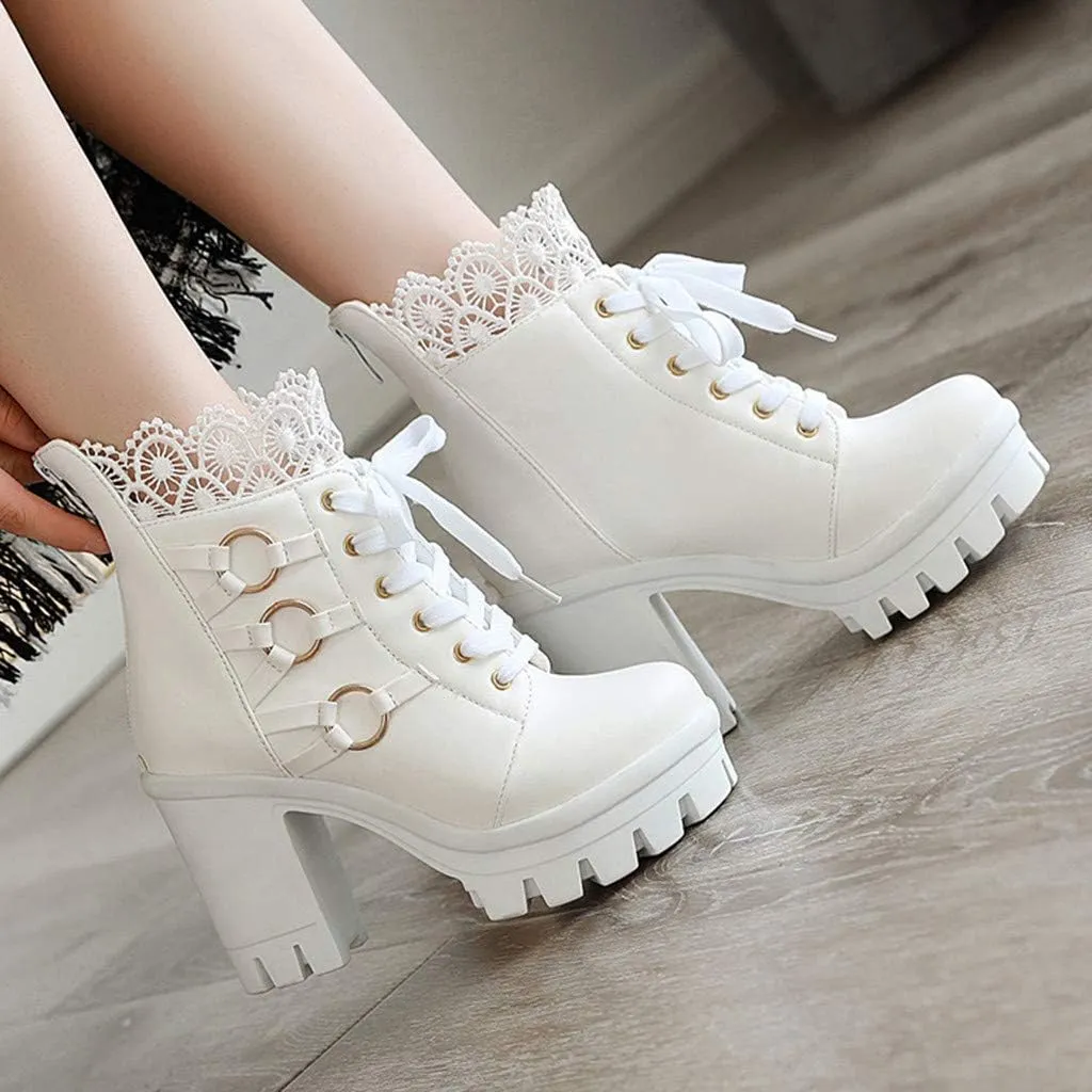 Women's Platform Combat Boots Fashion Lace Leather Chunky Pump Ankle Booties Goth Lace Up High Heels Short Boots
