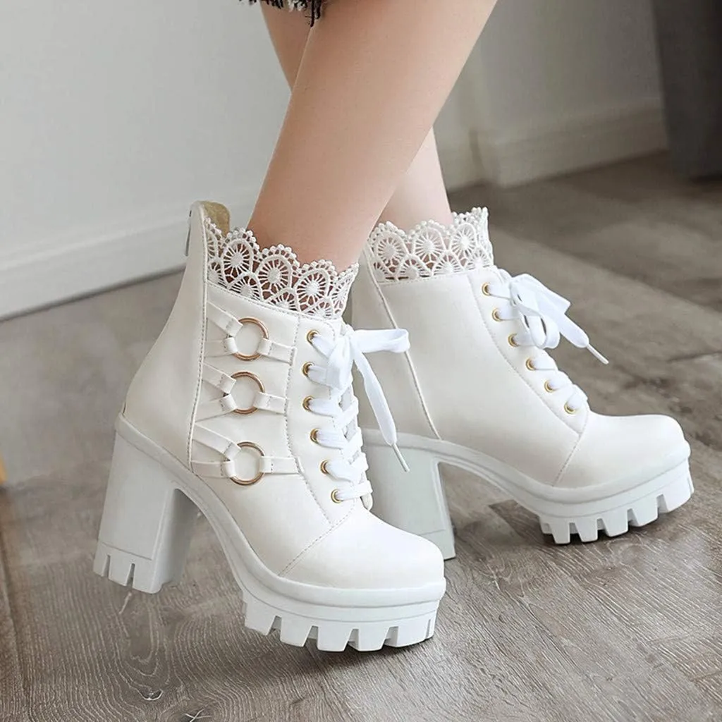 Women's Platform Combat Boots Fashion Lace Leather Chunky Pump Ankle Booties Goth Lace Up High Heels Short Boots