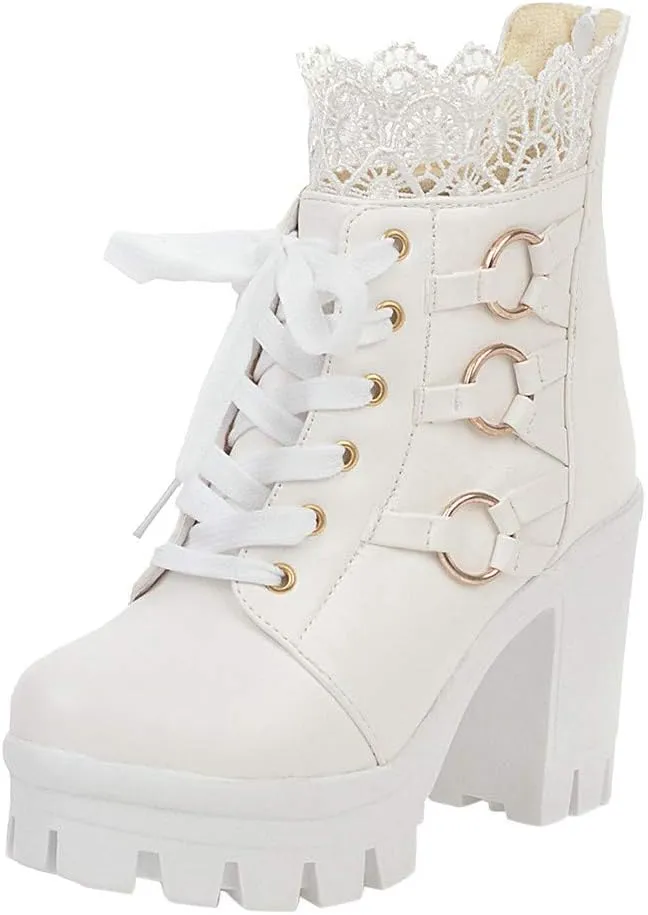 Women's Platform Combat Boots Fashion Lace Leather Chunky Pump Ankle Booties Goth Lace Up High Heels Short Boots