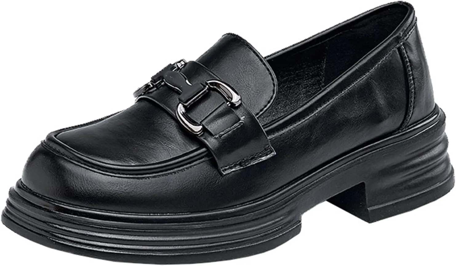 Women's Platform Loafers Casual Office Work Slip-On Autumn Chunky Fashion Genuine Leather Vintage with Metal Buckle - Soft Sole/Versatile Single Shoes