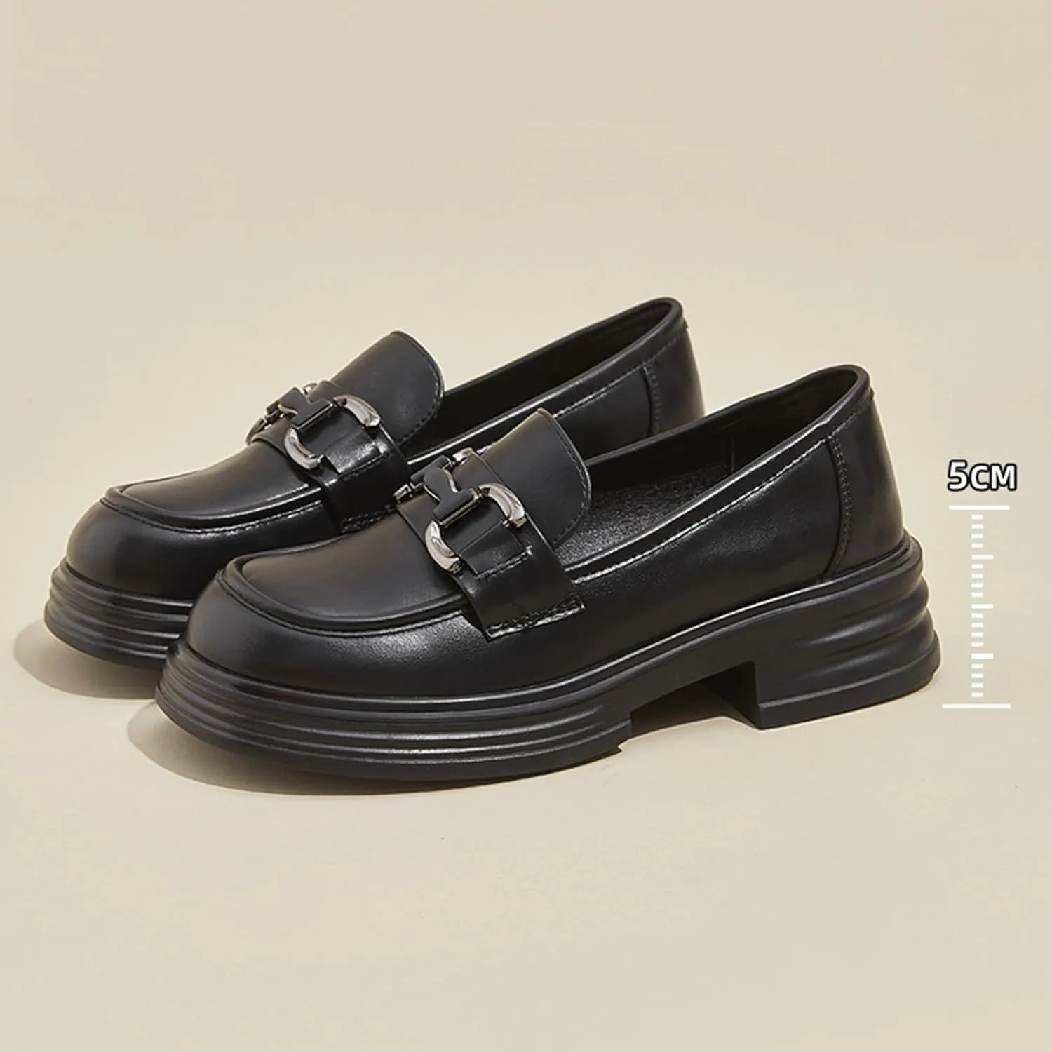 Women's Platform Loafers Casual Office Work Slip-On Autumn Chunky Fashion Genuine Leather Vintage with Metal Buckle - Soft Sole/Versatile Single Shoes