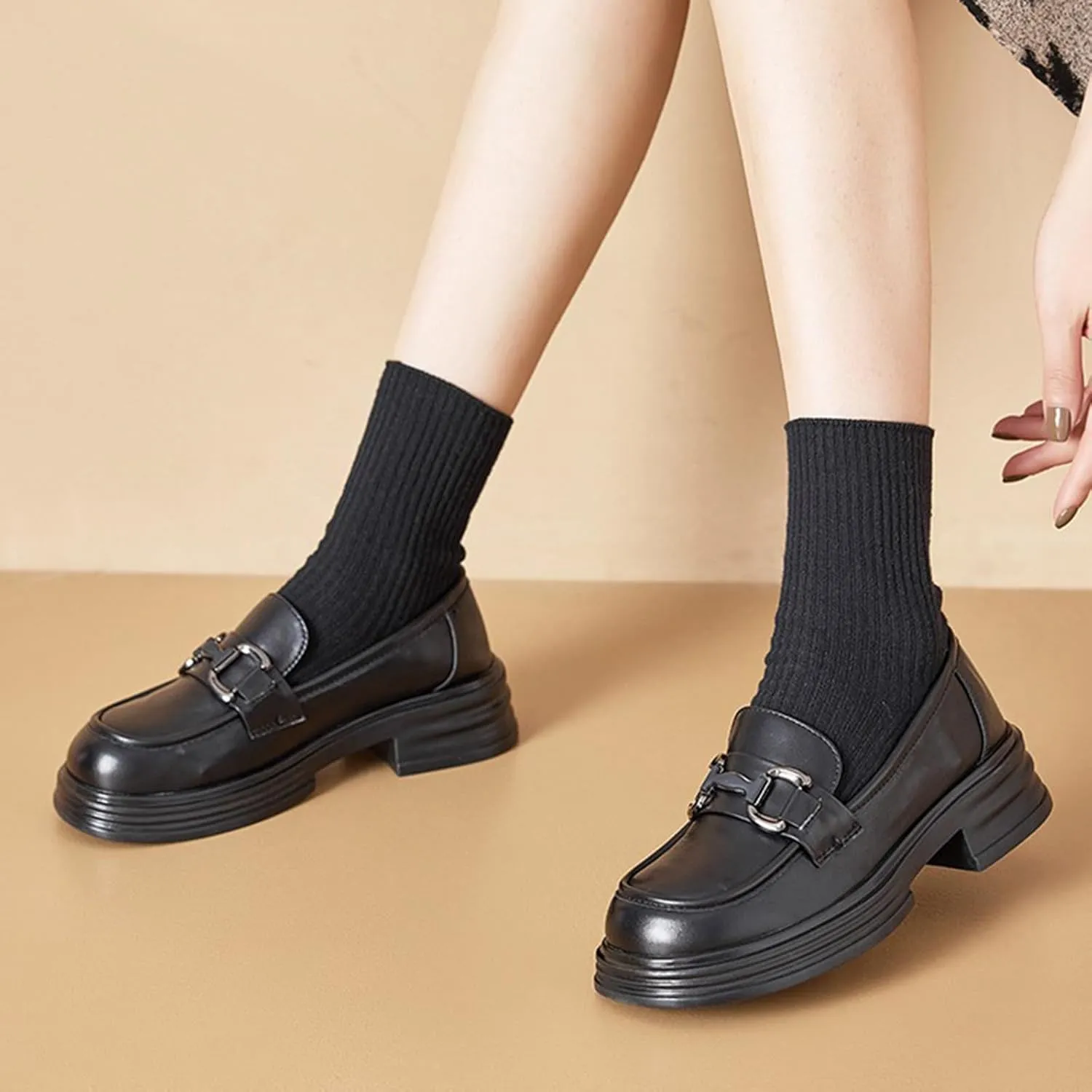 Women's Platform Loafers Casual Office Work Slip-On Autumn Chunky Fashion Genuine Leather Vintage with Metal Buckle - Soft Sole/Versatile Single Shoes