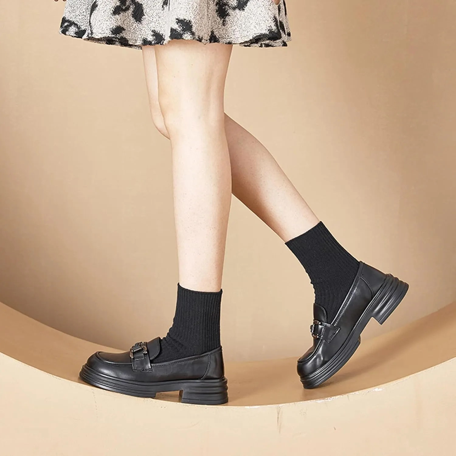 Women's Platform Loafers Casual Office Work Slip-On Autumn Chunky Fashion Genuine Leather Vintage with Metal Buckle - Soft Sole/Versatile Single Shoes