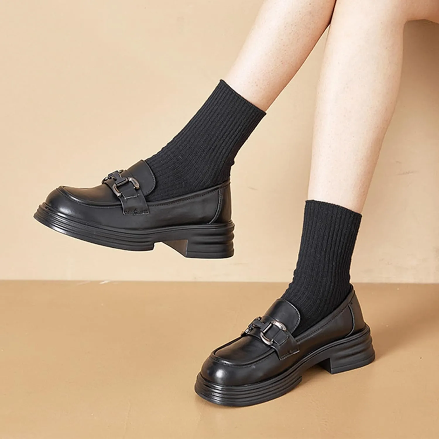Women's Platform Loafers Casual Office Work Slip-On Autumn Chunky Fashion Genuine Leather Vintage with Metal Buckle - Soft Sole/Versatile Single Shoes