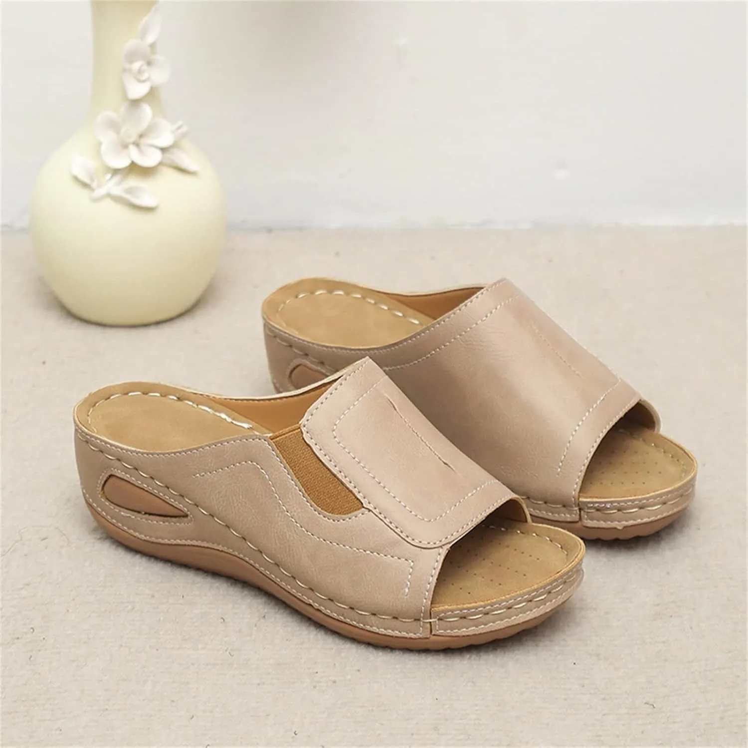 Women's Platform Sandals Summer Casual Comfort Air Cushion Leather Sandals Arch Support Slip on Wedge Slipper