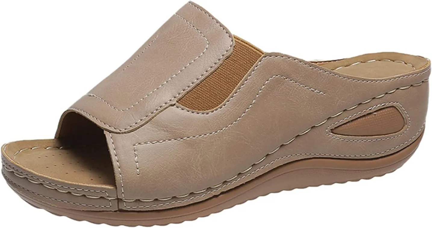 Women's Platform Sandals Summer Casual Comfort Air Cushion Leather Sandals Arch Support Slip on Wedge Slipper