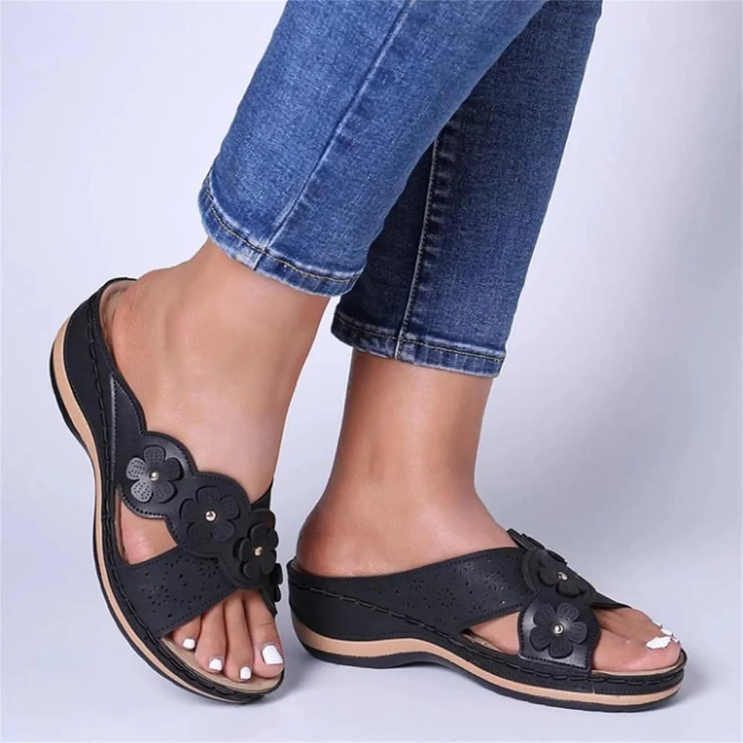 Women's Platform Wedge Orthopedic Sandals Comfort Open Toe Cross Strap Flowers Slide Sandal Slip On Slippers