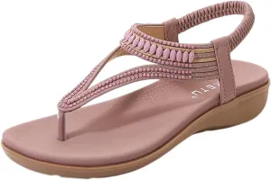 Womens Sandals Comfort Orthopedic Slingback Rhinestone Dressy Sandals Summer Walking Shoes Elastic Ankle Strap Flat Sandal for Beach Walking