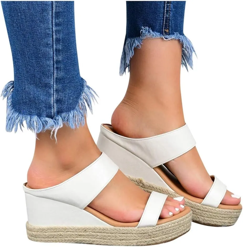 Womens Sandals Dressy, Womens Wedge Sandals Leather Slip on Platform Sandal Comfortable Beach Flats Shoes