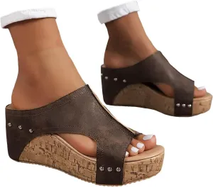 Womens Sandals Wedge Thick Bottom Studded Comfort Slope Sandals Women Summer Fashion Peep Toe Slip On Slide Slippers