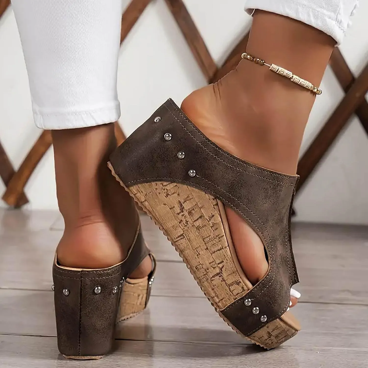 Womens Sandals Wedge Thick Bottom Studded Comfort Slope Sandals Women Summer Fashion Peep Toe Slip On Slide Slippers