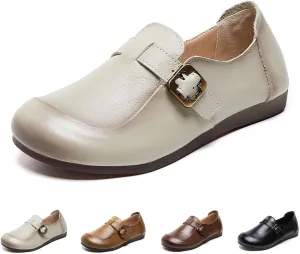 Women's Slip-on Casual SOFE Leather Loafers,Classic Leather Roude-Toe Metal Buckle Driving Flats Shoes Comfort SOFE Sole Mom Dressy Low Heel Office Work Penny Loafers