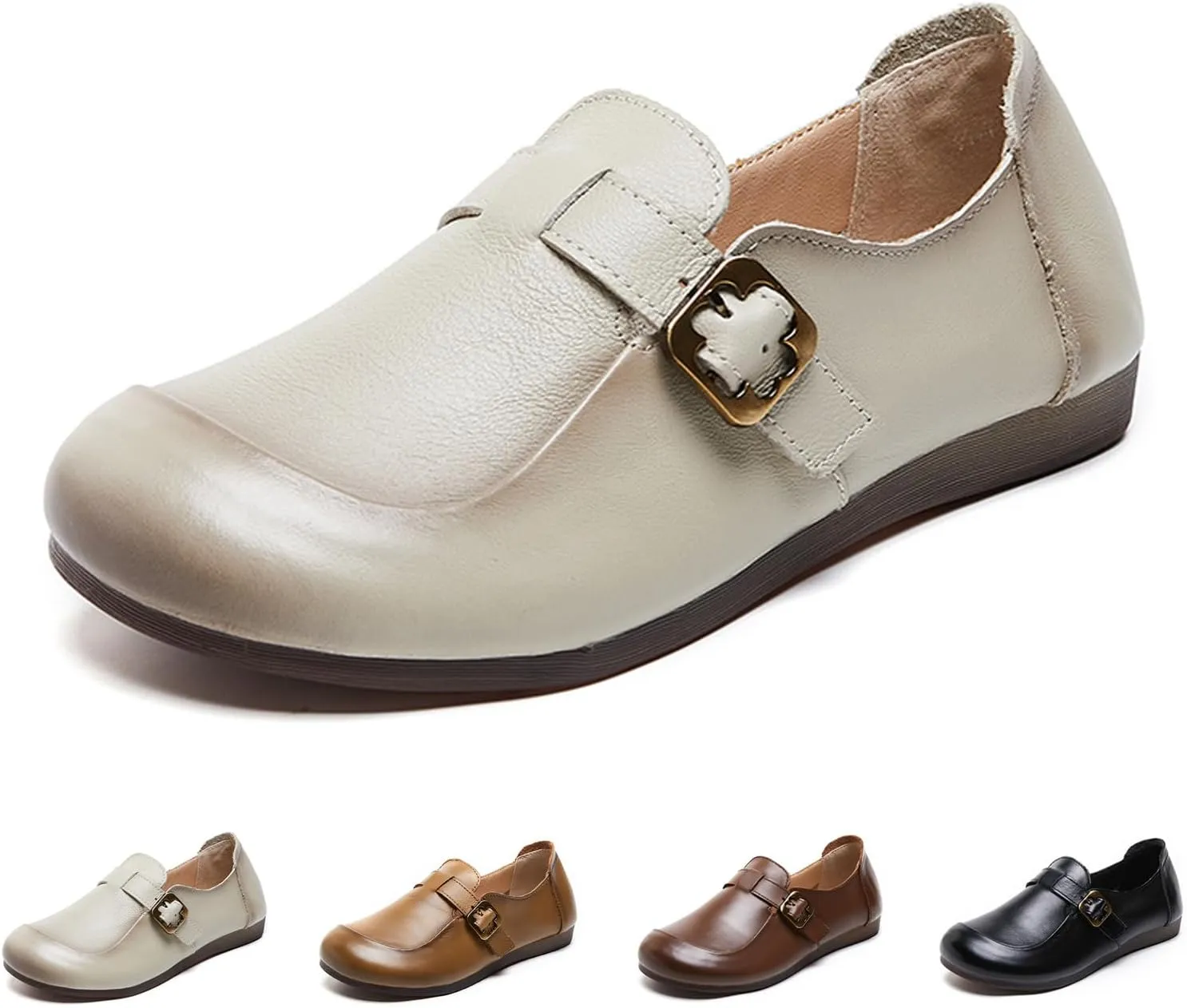 Women's Slip-on Casual SOFE Leather Loafers,Classic Leather Roude-Toe Metal Buckle Driving Flats Shoes Comfort SOFE Sole Mom Dressy Low Heel Office Work Penny Loafers