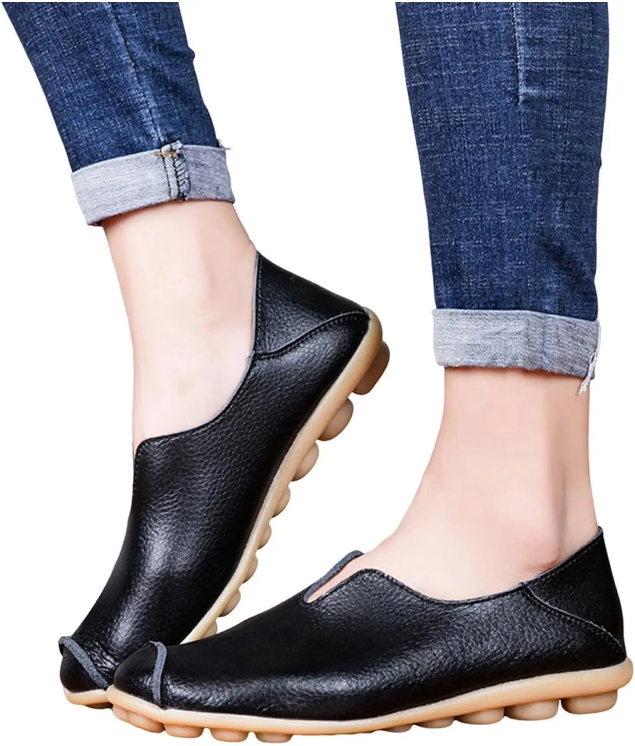 Women's Slip-On Loafers Lug Sole Non Slip Shoes Soft Lightweight Walking Driving Shoes Versatile Leather Shoes
