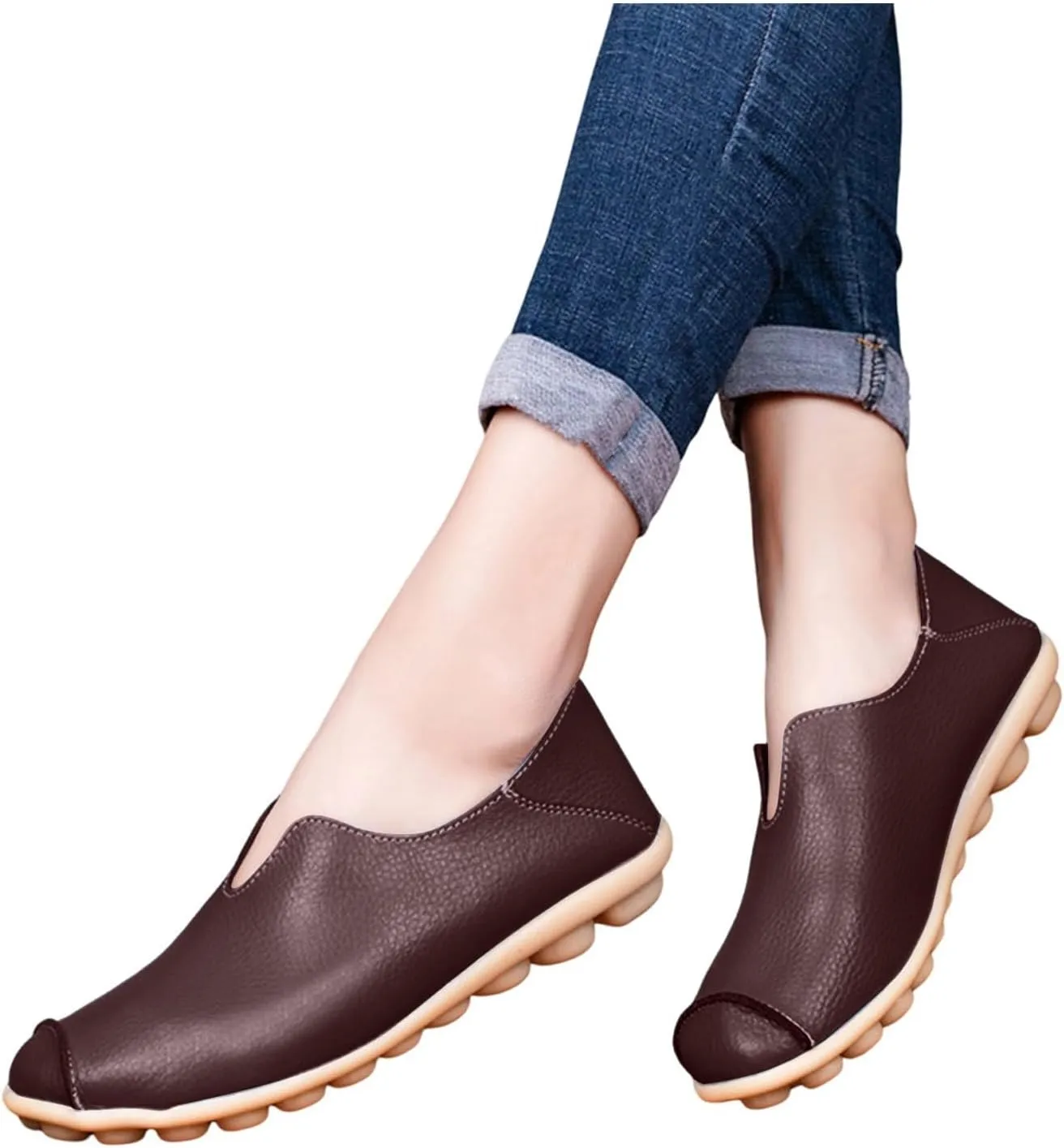 Women's Slip-On Loafers Lug Sole Non Slip Shoes Soft Lightweight Walking Driving Shoes Versatile Leather Shoes