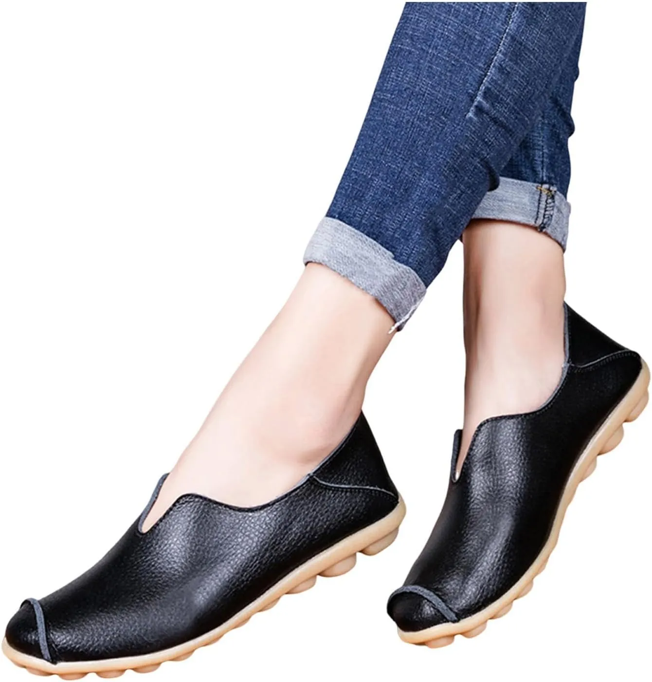 Women's Slip-On Loafers Lug Sole Non Slip Shoes Soft Lightweight Walking Driving Shoes Versatile Leather Shoes