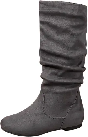 Women's Slouchy Mid Calf Boots Zip up Flat Boots Comfortable Round Toe Fall Weather Winter Dress Boots
