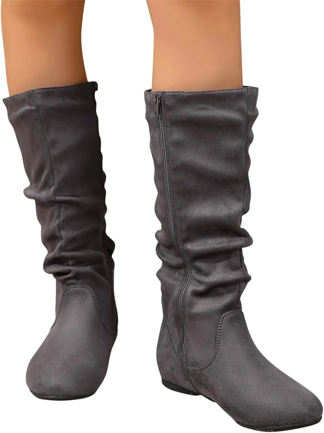 Women's Slouchy Mid Calf Boots Zip up Flat Boots Comfortable Round Toe Fall Weather Winter Dress Boots