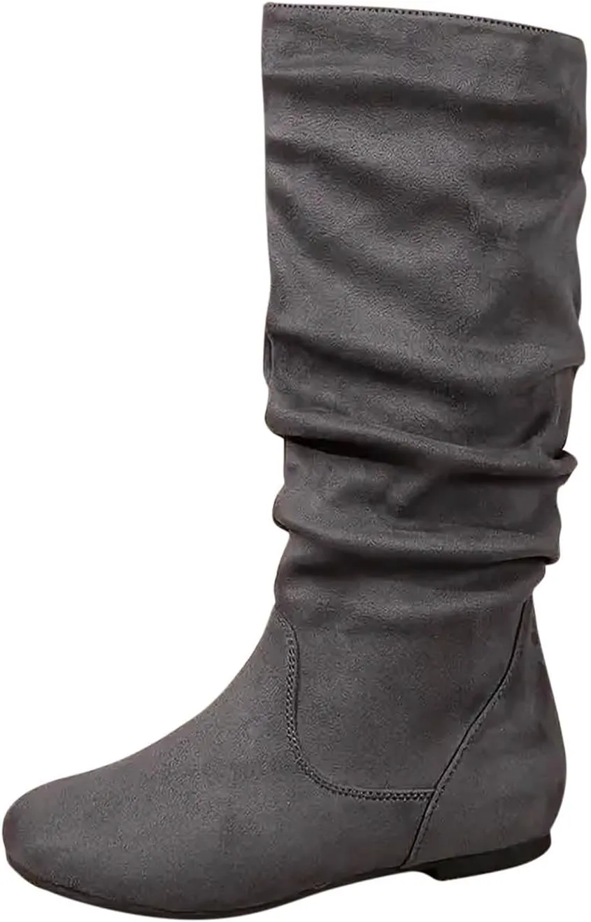 Women's Slouchy Mid Calf Boots Zip up Flat Boots Comfortable Round Toe Fall Weather Winter Dress Boots