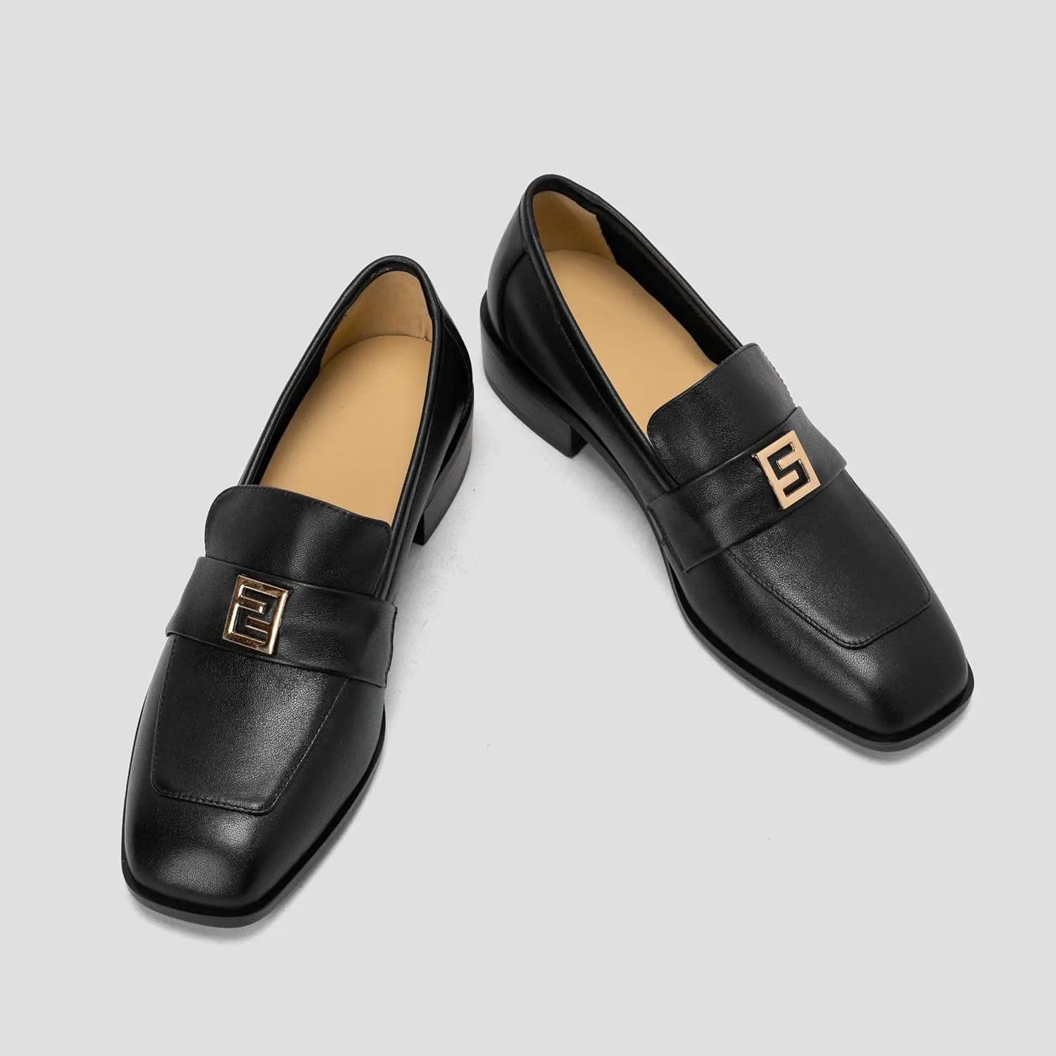 Women's Square Toe Loafers Low Chunky Heel Comfortable Penny Loafer Women Classic Business Dress Shoes Buckle Slip On Work Casual Flat Shoes for Ladies